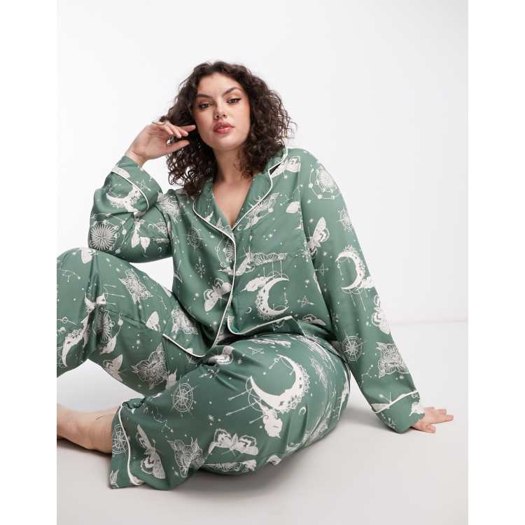 ASOS DESIGN Curve modal astrology shirt trouser pyjama set in sage