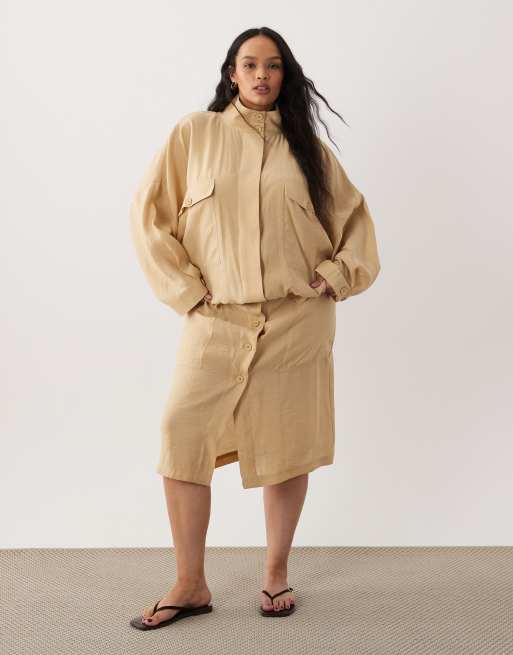 ASOS DESIGN Curve modal blend utility funnel neck bubble shacket in beige, 2 of 4
