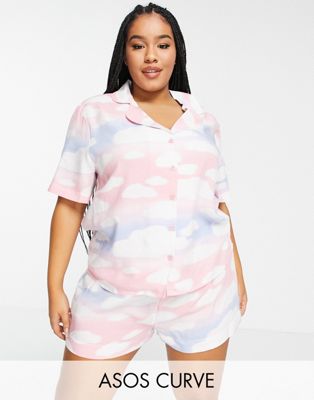 ASOS DESIGN Curve modal cloud short sleeve shirt & short pyjama set in pink blue & white