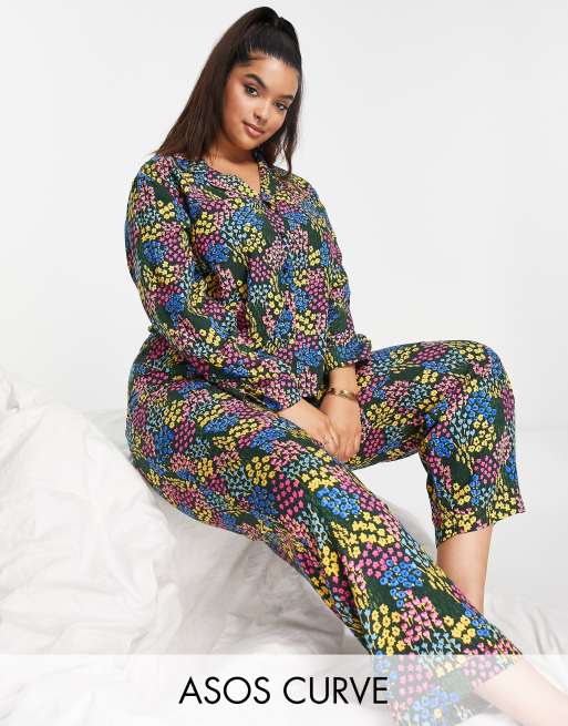 ASOS DESIGN Curve modal ditsy floral shirt & pants pajama set in black