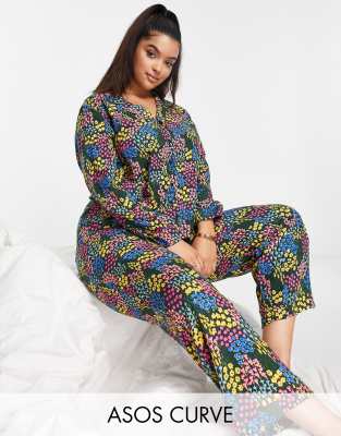 ASOS DESIGN Curve modal ditsy floral shirt & trouser pyjama set in black