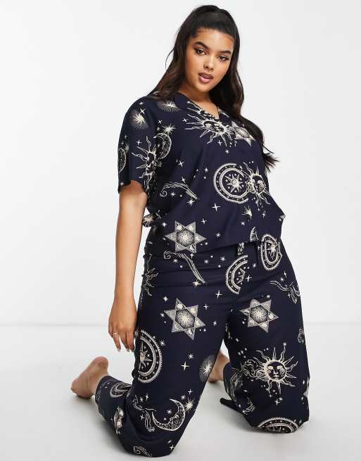 ASOS DESIGN Curve modal horoscope shirt & pants pajama set in navy