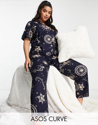 ASOS DESIGN Curve modal horoscope shirt & trouser pyjama set in navy