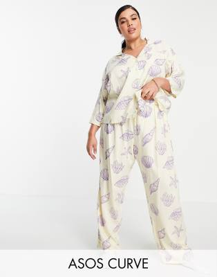 ASOS DESIGN Curve modal seashell long sleeve shirt and pant pajama