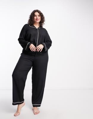 Asos Curve Asos Design Curve Modal Shirt & Pants Pajama Set With Contrast Piping In Black