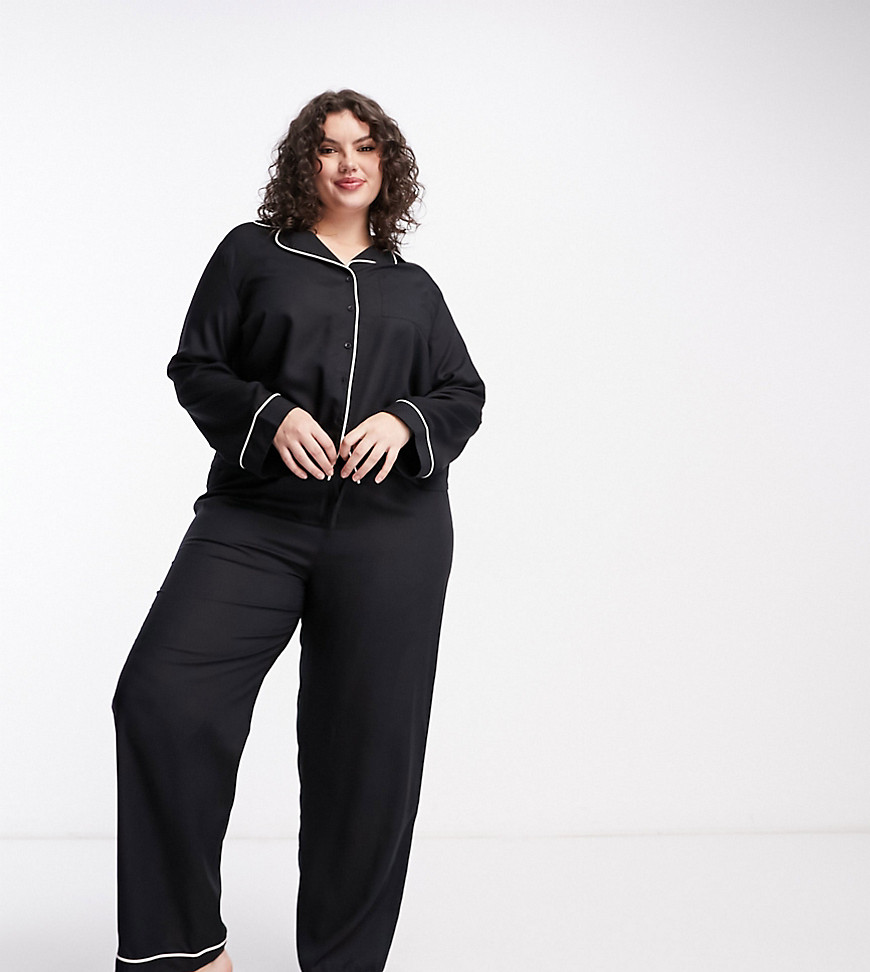 Asos Curve Asos Design Curve Modal Shirt & Pants Pajama Set With Contrast Piping In Black