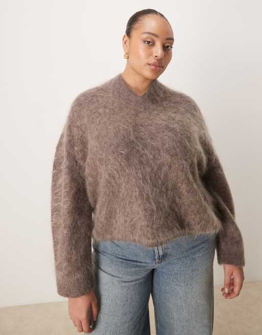 ASOS DESIGN Curve mohair wide sleeve jumper with v neck in mocha