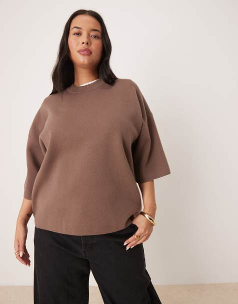 ASOS DESIGN Curve - Mokkabrun strikket oversized T-shir med struktur - view 1