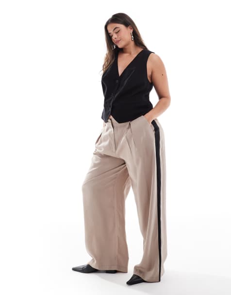 ASOS DESIGN Curve - Mokkafarvede bukser med plisseringsdetaljer og kontrasterende paneler - view 1