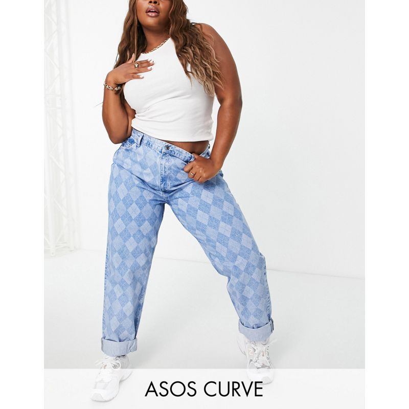 Donna Jeans DESIGN Curve - Mom jeans a vita alta extra larghi in misto cotone organico con stampa a rombi laser 