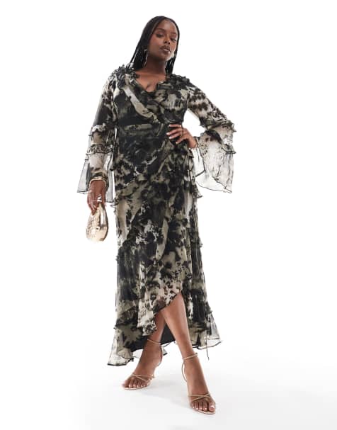 ASOS DESIGN Curve – Monokrom, exklusiv midiklänning med volang, ojämn fåll och abstrakt mönster - view 1
