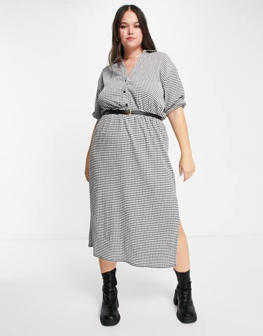ASOS DESIGN Curve - Monokrom kortærmet midi-skjortekjole med bælte og tern, 3 af 4