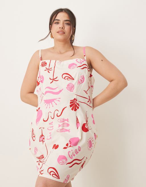 ASOS DESIGN Curve – Mönstrad miniklänning i poplin med smala axelband, del av set, 2 av 4