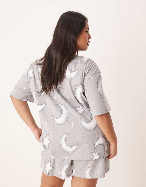 ASOS DESIGN Curve moon & stars oversized tee and short pajama set in gray