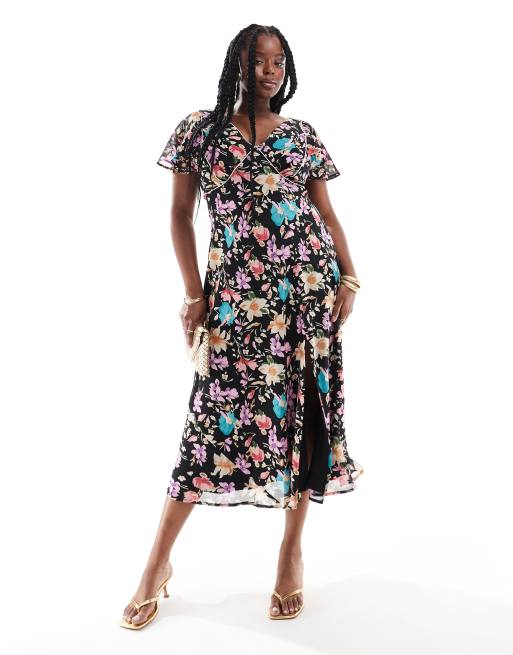 ASOS DESIGN Curve – Mörk, blommig midi-teaklänning med dekorativ söm
