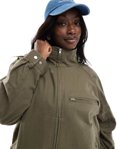 ASOS DESIGN Curve – Mörk, olivgrön jacka i twill och oversize med ståkrage - view 1