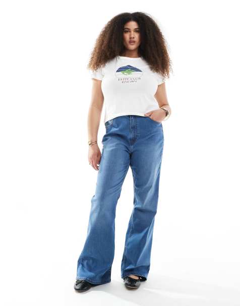 ASOS DESIGN Curve – Mörka mellanblå, formande, utsvängda jeans med superstretch - view 1