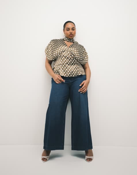 ASOS DESIGN Curve – Mörkblå, tvättade palazzo-jeans - view 1