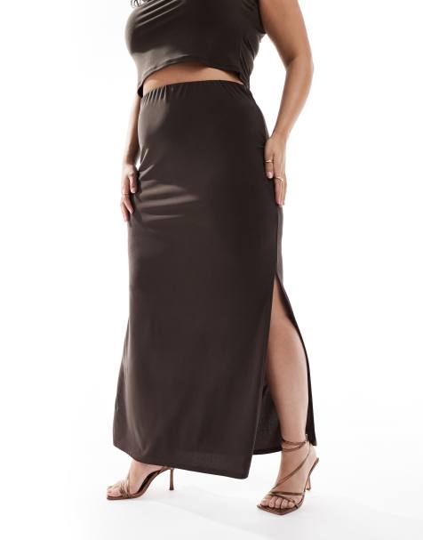 ASOS DESIGN Curve – Mörkbrun, åtsmitande midikjol med sidoslits, del av set - view 1