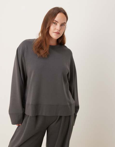 ASOS DESIGN Curve – Mörkgrå, dubbelstickad topp i oversize med rund halsringning - view 1