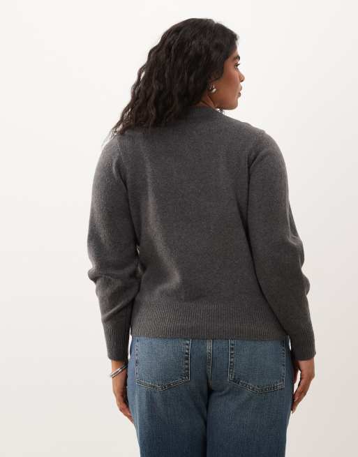 ASOS DESIGN Curve – Mörkgrå kofta i ylle med rund halsringning, klädda knappar och markerad midja, 4 av 4
