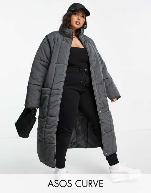 ASOS DESIGN Curve – Mörkgrå, kviltad pufferkappa i lång modell
