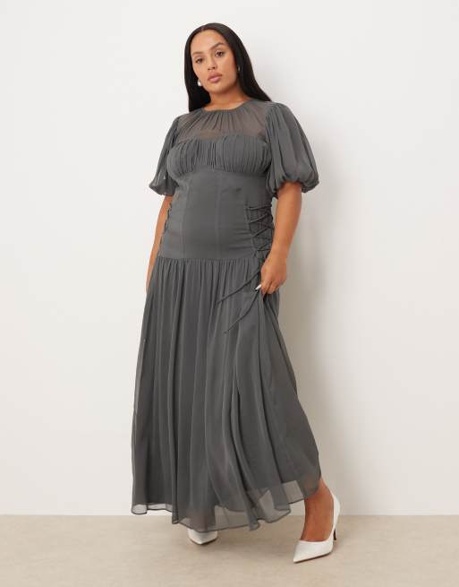 ASOS DESIGN Curve – Mörkgrå maxiklänning i chiffong med puffärmar, 4 av 4