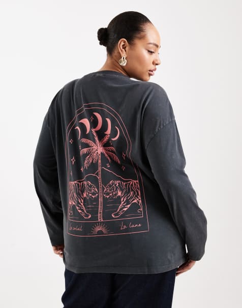 ASOS DESIGN Curve – Mörkgrå, tvättad t-shirt med långa ärmar och mån- och tigertryck - view 1