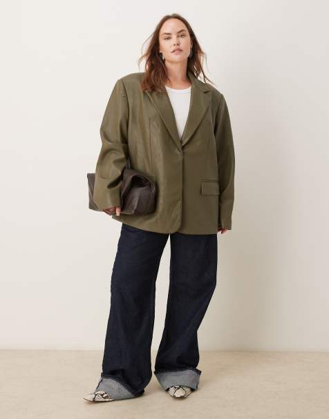 ASOS DESIGN Curve – Mörkgrön, figursydd kavaj i oversize och läderimitation - view 1