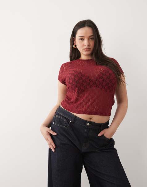 ASOS DESIGN Curve – Mörkröd t-shirt i spets med baby-design - view 1