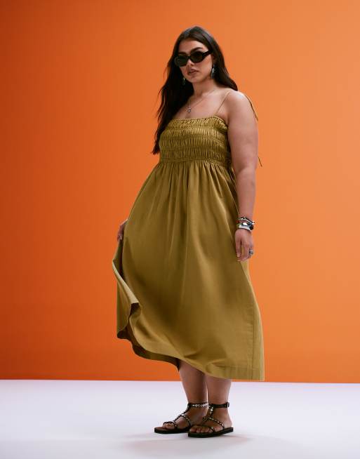ASOS DESIGN Curve - Mosgrøn maxi-sommerkjole med rynket bryst i bomuldssatin , 2 af 4