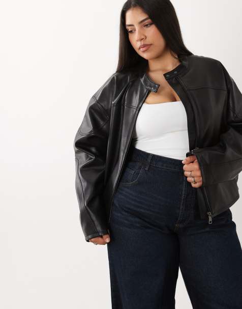 ASOS DESIGN Curve - Motorsport - Bikerjack met leerlook in zwart - view 1
