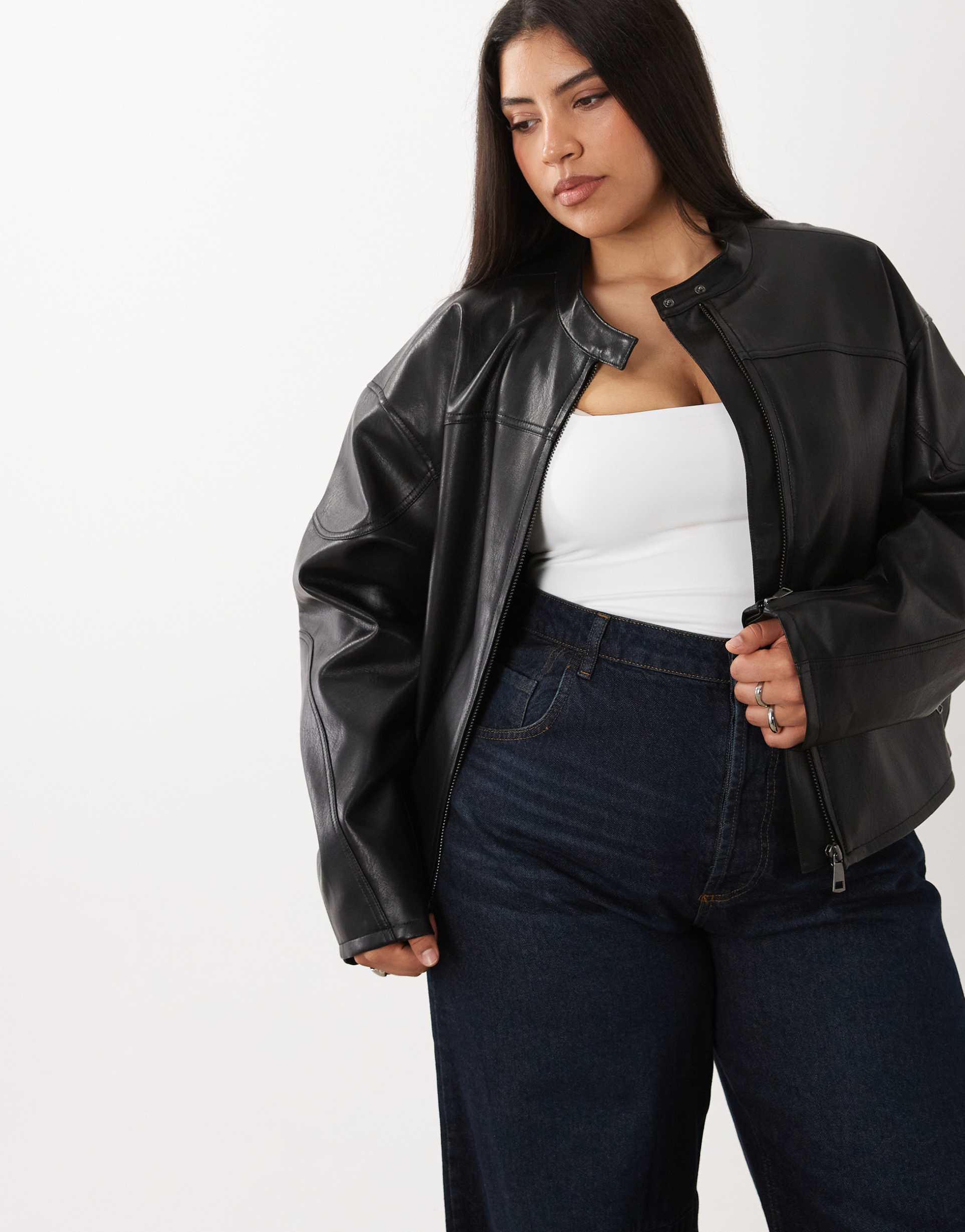 asos design curve motorsport leather look moto jacket in black