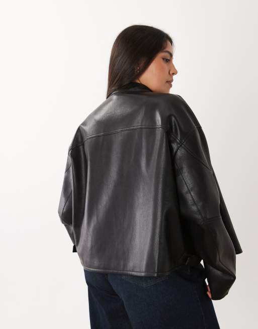 ASOS DESIGN Curve motorsport leather look moto jacket in black, 4 of 4
