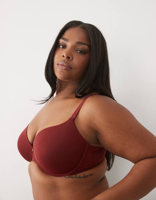 ASOS DESIGN Curve moulded t-shirt bra in burgundy, 3 of 4