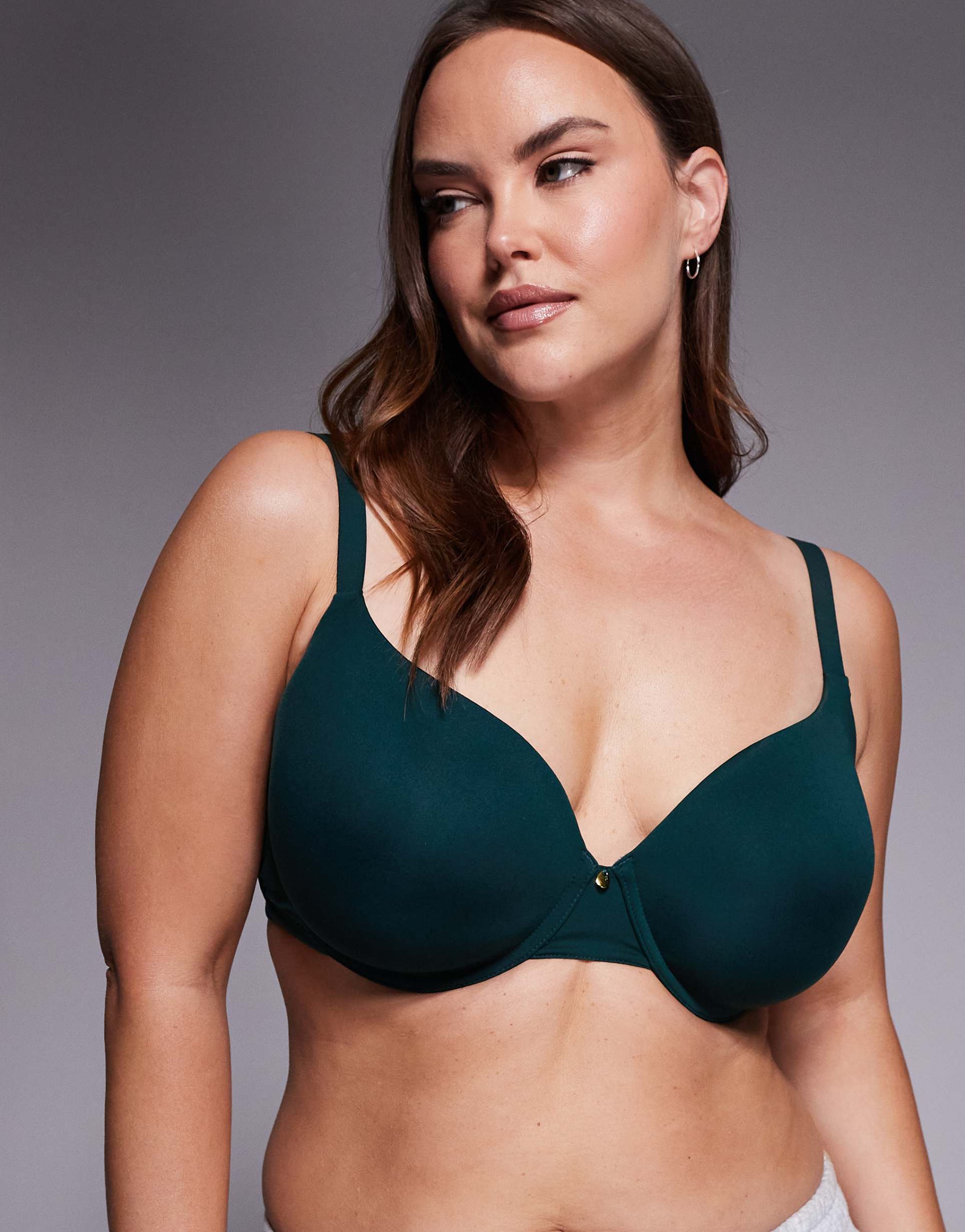 asos design curve moulded t-shirt bra with charm detail and embossed straps in forest green