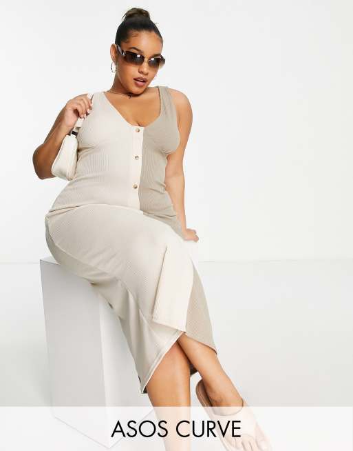 ASOS DESIGN Curve - Mouwloze geribbelde midi jurk met knoopsluiting in neutrale en crèmekleurige kleurvlakken