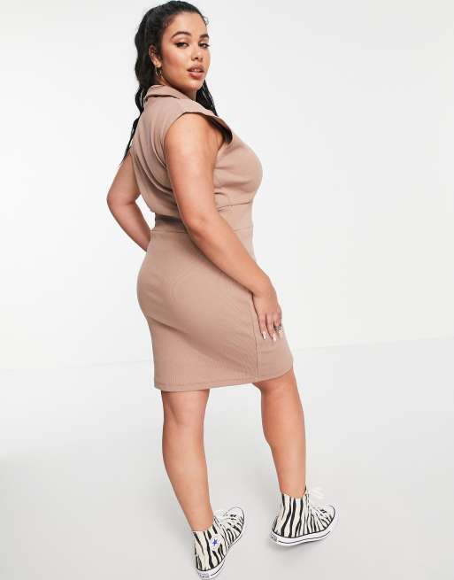 ASOS DESIGN Curve - Mouwloze geribbelde mini jurk met kraag in taupe, 2 van 4