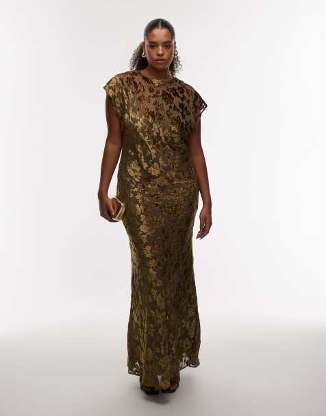 ASOS DESIGN Curve - Mouwloze maxi jurk van fluweel devoré met ronde hals en gestrikte achterkant in mokka - view 1