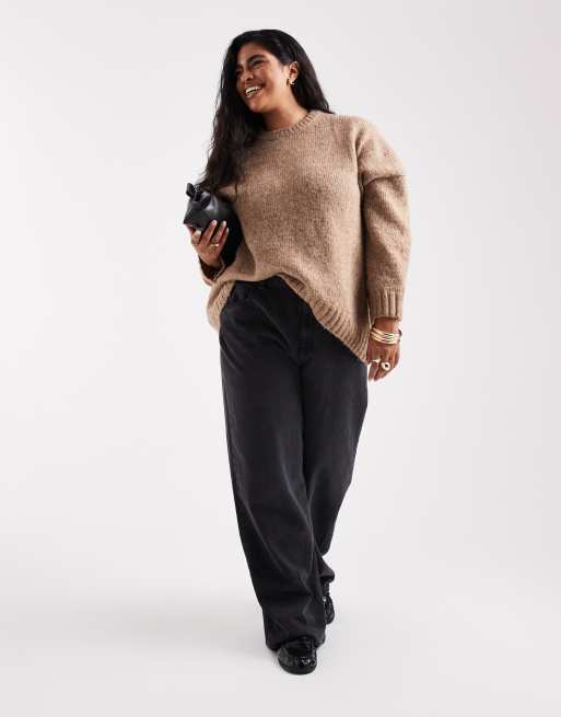 ASOS DESIGN Curve - Mørk beige og oversized trøje med rund hals og kurvet sømkant, 2 af 4