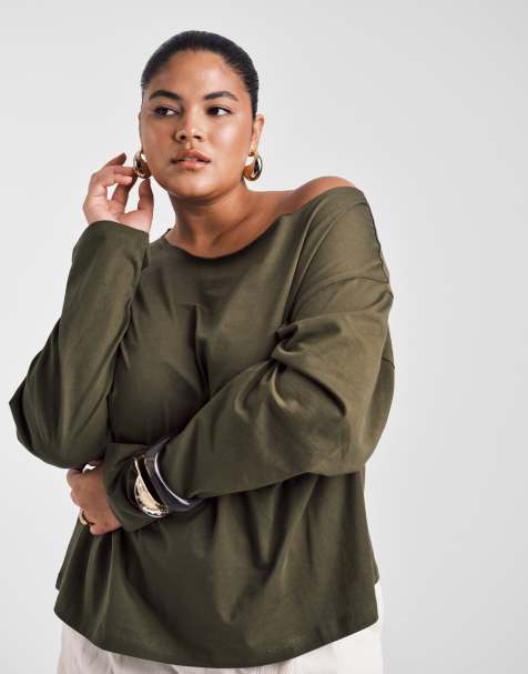 ASOS DESIGN Curve - Mørk olivengrøn offshoulder-T-shirt med lange ærmer - view 1
