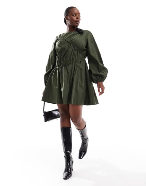 ASOS DESIGN Curve - Mørkegrøn asymmetrisk minikjole med sømdetaljer og rynker - view 1