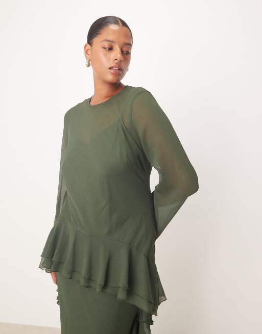 ASOS DESIGN Curve - Mørkegrøn langærmet maxikjole med flæsekant i chiffon, 4 af 4