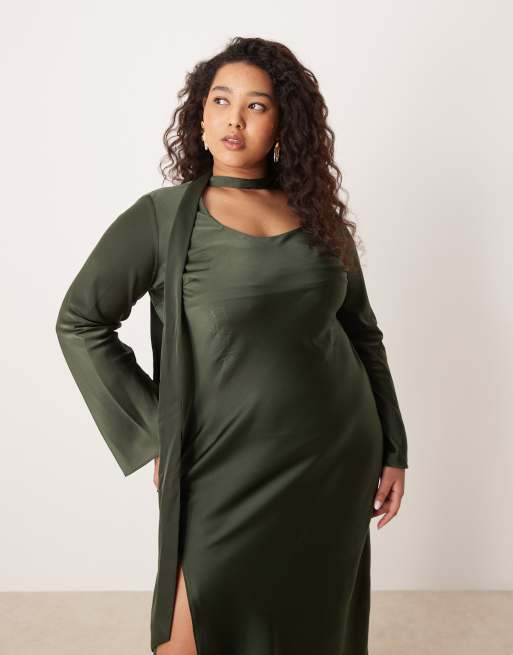 ASOS DESIGN Curve - Mørkegrøn langærmet maxikjole med V-hals og tørklædedetalje, 4 af 4