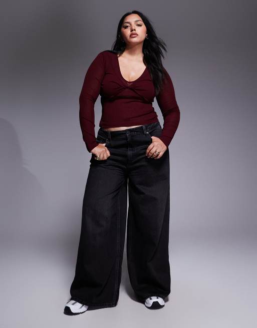 ASOS DESIGN Curve - Mørkelilla top med lange ærmer og snoet bryst i dobbeltlag, 2 af 4