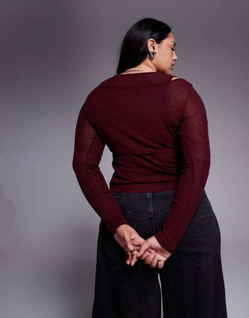ASOS DESIGN Curve - Mørkelilla top med lange ærmer og snoet bryst i dobbeltlag, 3 af 4