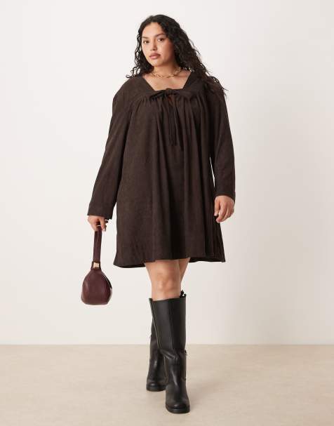 ASOS DESIGN Curve - Mørkelille smock-kjole i minilængde i fløjl med bindebånd foran - view 1