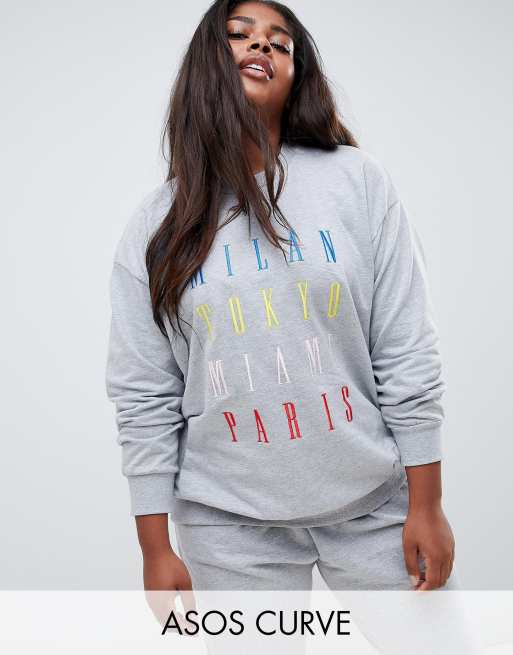 ASOS DESIGN Curve Lounge Multi city oversize sweatshirt och joggingbyxor, 2 av 3