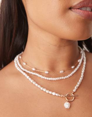 Asos Curve Asos Design Curve Multi-row Necklace With Faux Pearls And T-bar Detail In Gold