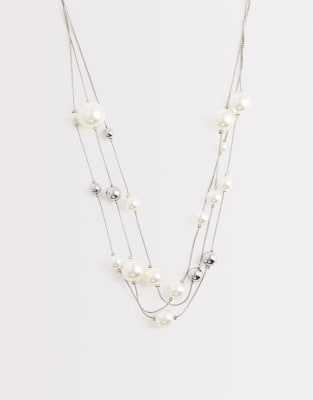 Asos Curve Asos Design Curve Multi-row Necklace With Faux Pearls In Metallic